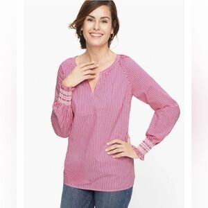 Talbots PM Pink & White Stripe Smocked Cuffs Cotton Popover V-neck Blouse